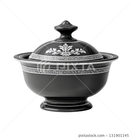 Elegant Black Ceramic Bowl with Lid Featuring Ornate White Floral Pattern Designed for Serving and Displaying Food 131901145
