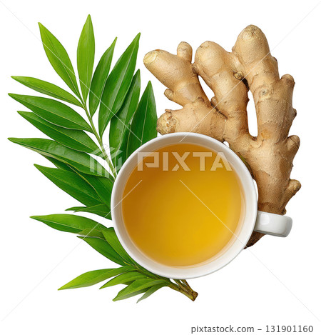 Fresh Ginger Tea with Green Leaves in a White Cup Perfect for Wellness and Comfort 131901160