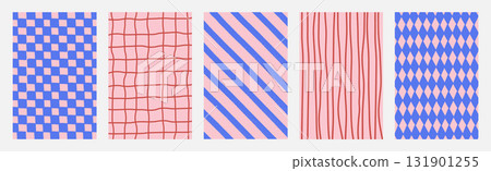 Playful seamless backgrounds with abstract geometric and hand-drawn patterns in pink and blue. Modern whimsical textures with stripes, diamonds, grids, and wavy lines. Flat vector illustration. Playful seamless backgrounds with abstract geometric and hand-drawn patterns in pink and blue. Modern whimsical textures with stripes, diamonds, grids, and wavy lines. Flat vector illustration. 131901255