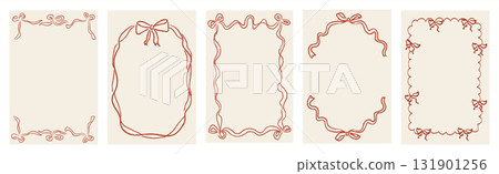 Hand drawn ribbon frame borders with vintage bows for greeting cards, invitations, social media templates. Elegant whimsical decoration set for weddings, parties, cute design projects. Vector. Hand drawn ribbon frame borders with vintage bows for greeting cards, invitations, social media templates. Elegant whimsical decoration set for weddings, parties, cute design projects. Vector. 131901256
