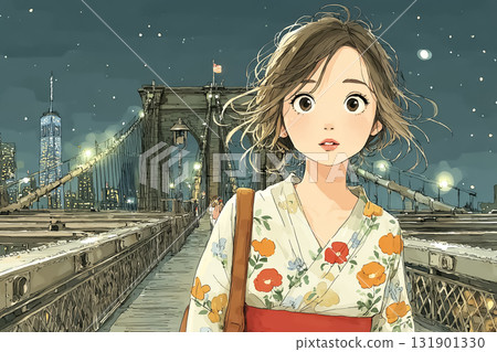 Miyu Series: Miyu is wearing a floral yukata and walking on an illuminated bridge. Miyu Series: Miyu is wearing a floral yukata and walking on an illuminated bridge. 131901330