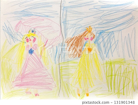 A princess in a pink and yellow dress drawn by a kindergartener 131901348