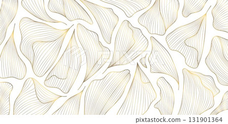 Luxury botanical vector background with golden palm leaves, floral line art, elegant tropical pattern, modern Art Deco design. Summer wallpaper, spa card, wedding template 131901364
