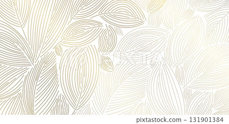 Luxury botanical vector background with golden palm leaves, floral line art, elegant tropical pattern, modern Art Deco design. Summer wallpaper, spa card, wedding template 131901384