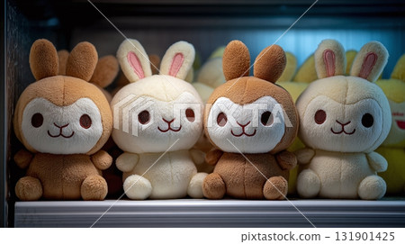 Four adorable bunny plush toys with charming embroidered faces displayed on a shelf, showcasing their soft, contrasting colors. 131901425