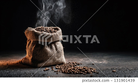 A rustic burlap bag filled to the brim with aromatic, freshly roasted coffee beans, emitting a gentle steam against a dark backdrop. A rustic burlap bag filled to the brim with aromatic, freshly roasted coffee beans, emitting a gentle steam against a dark backdrop. 131901439