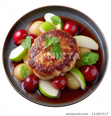 Crispy Veal Sweetbread with Golden Texture on Smoked Chestnut Puree and Glazed Baby Apples 131901517