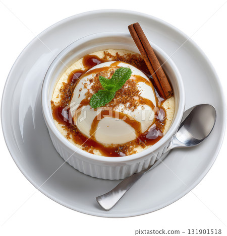 Silky Clove Cream Dessert with Maple Drizzle and Candied Apple Zest in Small Mold 131901518
