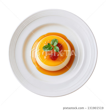 Shimmering Layered Citrus Jelly with Honey Cream, Candied Clementine Zest, and Fresh Basil Garnish 131901519