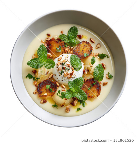 Creamy Celery Root Veloute Soup in Shallow Bowl Topped with Crispy Celery Leaves and Hazelnut Cream 131901520