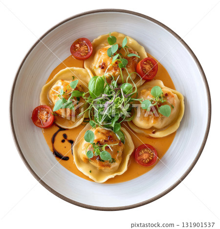 Gourmet Handmade Lobster Ravioli with Light Bisque Sauce, Cherry Tomatoes, Micro Basil and Tarragon Foam Gourmet Handmade Lobster Ravioli with Light Bisque Sauce, Cherry Tomatoes, Micro Basil and Tarragon Foam 131901537