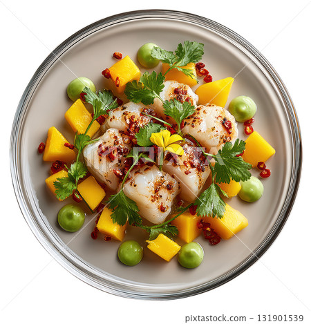 Fresh Halibut Ceviche with Avocado Puree, Mango, Cilantro, and Chili Flakes on Elegant Plate Presentation 131901539