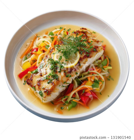 Steamed Halibut Fillet with Julienned Vegetables and White Wine Broth Garnished with Lemon Slice and Fresh Herbs Steamed Halibut Fillet with Julienned Vegetables and White Wine Broth Garnished with Lemon Slice and Fresh Herbs 131901540