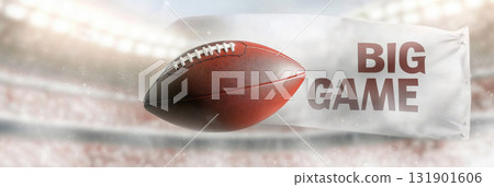 American football ball in motion at sport stadium with a big game text banner, background 131901606