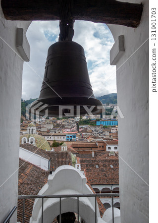 View of San Francisco church bell tower and Quito city 131901703