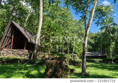 Thatched-roof building at Kamuihei archaeological site, Nuku Hiva, Marquesas Islands. French Polynesia 131901714