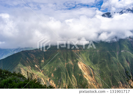 Lush green slopes of Colca Canyon, Peru 131901717