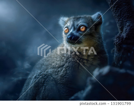 Lemur illuminated by soft moonlight, night wildlife landscape in mysterious forest atmosphere 131901799