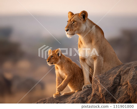Lioness and cub standing on a rock at sunset, family wildlife scene in the African savannah 131901800