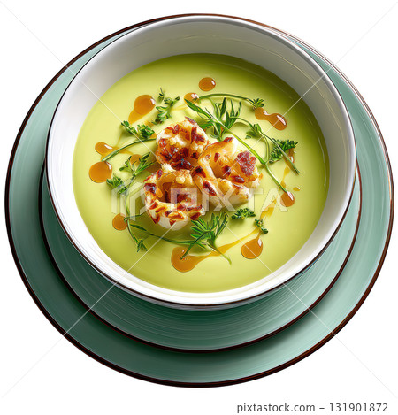 Vibrant Green Broccoli and Stilton Veloute Soup with Crispy Broccoli Florets and Herbal Garnish Vibrant Green Broccoli and Stilton Veloute Soup with Crispy Broccoli Florets and Herbal Garnish 131901872