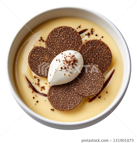 Creamy Cauliflower Truffle Veloute Soup with Florets and Crisps in Elegant Shallow Bowl Presentation Creamy Cauliflower Truffle Veloute Soup with Florets and Crisps in Elegant Shallow Bowl Presentation 131901873