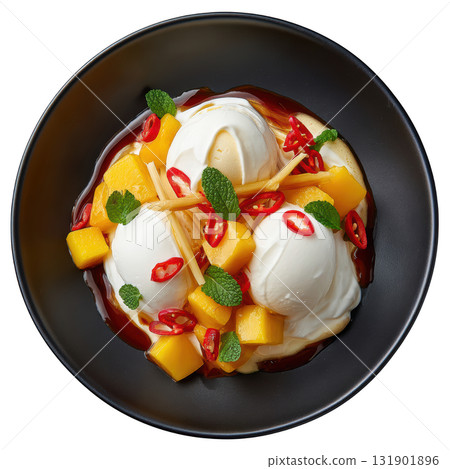 Vibrant Orange Mango Sorbet Scoop Garnished with Mango Cubes, Passion Fruit Stick, Chili Honey Drizzle Vibrant Orange Mango Sorbet Scoop Garnished with Mango Cubes, Passion Fruit Stick, Chili Honey Drizzle 131901896