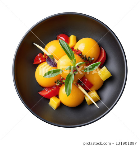 Vibrant Orange Mango Sorbet Garnished with Mango Cubes and Passion Fruit Meringue Drizzled with Chili Honey 131901897