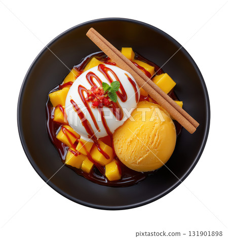 Vibrant Orange Mango Sorbet Garnished with Fresh Mango Cubes and Drizzled with Chili Honey in a Black Bowl 131901898