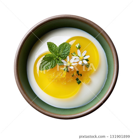 Delicate Meyer Lemon Gelee Layered Over Creamy Ricotta Cream with Candied Zest and Fresh Mint Garnish 131901899