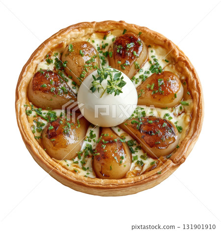 Roasted Pear Tart with Thyme Glaze on Crisp Pastry Base and Topped with Creamy Quenelle 131901910
