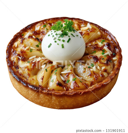 Roasted Pear and Thyme Tart on Crisp Pastry Base with Creme Fraiche Garnish 131901911