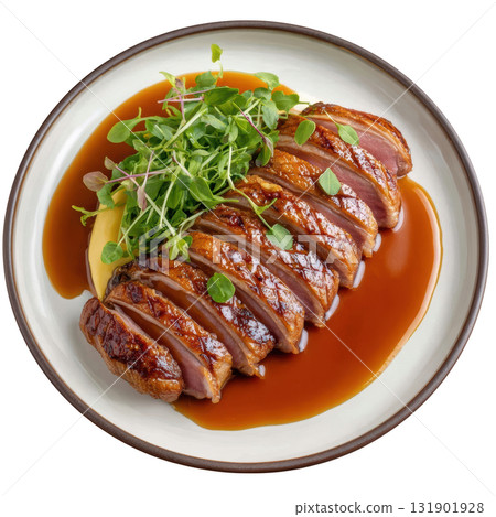 Tender Braised Duck Thigh with Rich Plum Sake Jus and Smoked Daikon Puree Garnished with Fresh Microgreens Tender Braised Duck Thigh with Rich Plum Sake Jus and Smoked Daikon Puree Garnished with Fresh Microgreens 131901928