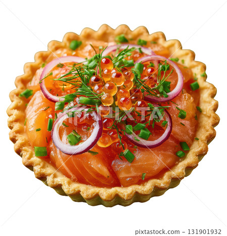 Delicious Smoked Salmon Tartlet with Creamy Mousse and Fresh Dill Garnish on a Crispy Cracker Base 131901932