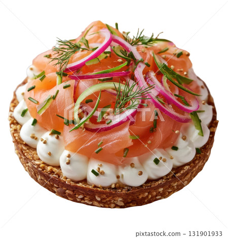 Elegant Smoked Salmon Tartlet with Cream Mousse, Dill, and Pickled Red Onion on a Crisp Cracker Base Elegant Smoked Salmon Tartlet with Cream Mousse, Dill, and Pickled Red Onion on a Crisp Cracker Base 131901933
