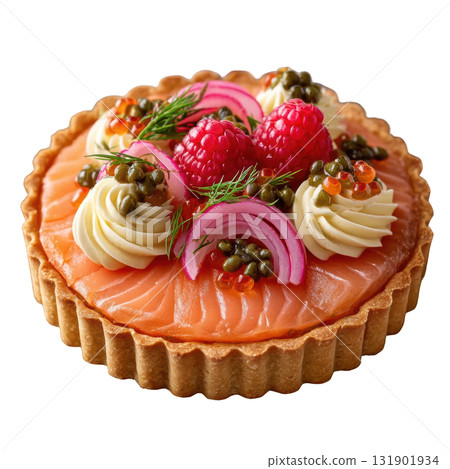 Gourmet Smoked Salmon Tartlet with Dill, Pickled Onion, Caperberries, and Cream on a Crispy Cracker Base 131901934