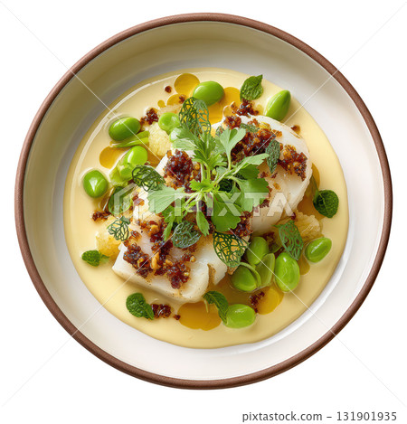 Steamed Brill Fillet with Ponzu Beurre Blanc, Baby Edamame, and Confit Nori Slices in Delicate Presentation Steamed Brill Fillet with Ponzu Beurre Blanc, Baby Edamame, and Confit Nori Slices in Delicate Presentation 131901935