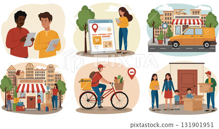 帶有線上訂單和自行車送貨的城市景觀插圖 131901951