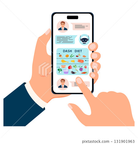 Smartphone displaying DASH diet meal plan with colorful illustrations of healthy foods Smartphone displaying DASH diet meal plan with colorful illustrations of healthy foods 131901963