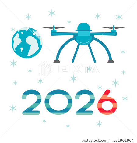 New year 2026 with futuristic drone and globe icons on white background 131901964