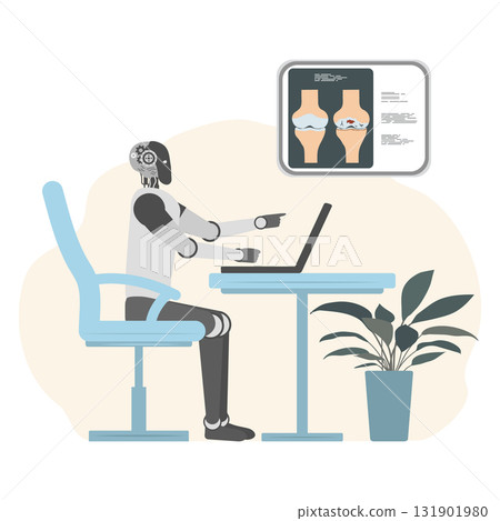 Robot at desk analyzing knee joint anatomy illustration on screen Robot at desk analyzing knee joint anatomy illustration on screen 131901980