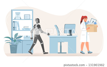 Robot replacing office worker, woman leaving work. Concept of automation and job displacement Robot replacing office worker, woman leaving work. Concept of automation and job displacement 131901982