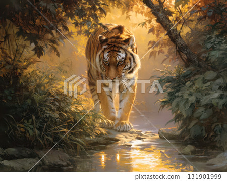 A majestic tiger walking along the Golden Forest stream, a wild predator in the sun-drenched jungle 131901999