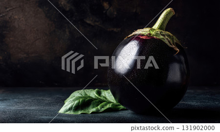 Whole fresh eggplant with water droplets and green leaf on dark background, organic eggplant still life 131902000