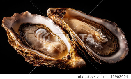 Close-up of fresh oyster meat in an open shell on a black background, premium seafood macro photography Close-up of fresh oyster meat in an open shell on a black background, premium seafood macro photography 131902004