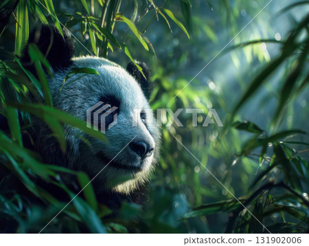 Giant panda hiding among bamboo leaves, wildlife photography in lush green forest with sun rays 131902006