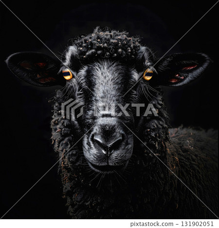 Black sheep portrait with curly dark fleece and glowing eyes 131902051