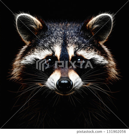 Dark raccoon portrait with glowing eyes and sharp fur contrast 131902056