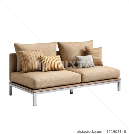 Elegant Outdoor Sofa with Textured Cushions, Perfect for Relaxing on a Terrace or Patio while Enjoying Nature Elegant Outdoor Sofa with Textured Cushions, Perfect for Relaxing on a Terrace or Patio while Enjoying Nature 131902146