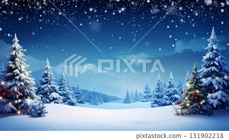 Horizontal background frame material of a Christmas tree shining in the winter night sky 1 131902218
