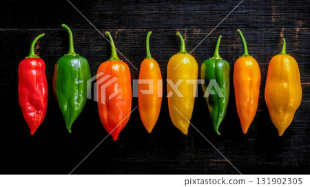 Multicolored chili peppers in a row on a black wooden background, bright spicy vegetables, top view 131902305
